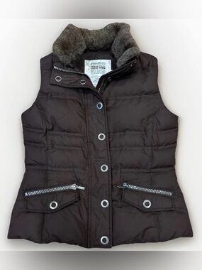 Eddie Bauer Down Vest 700 Goose Brown Removable Faux Fur Collar Size XS